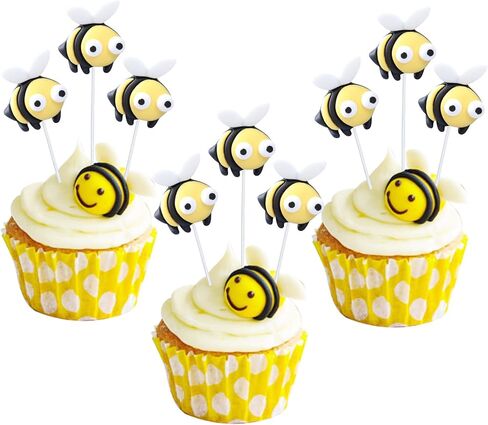24Pcs Bumble Bee Cupcake Toppers Little Figurine Bee Cupcake Picks Oh Babee Cake Decorations for Bee Theme Baby Shower Kids Boys Girls Birthday Party Decoration Supplies in Kuwait