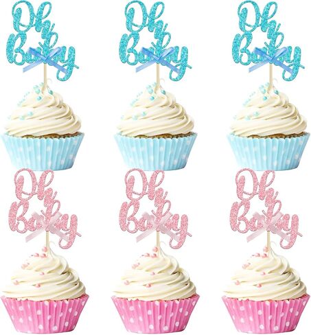 Gyufise 36Pcs Oh Baby Cupcake Toppers Pink Blue Bow Glitter Baby Shower Gender Reveal Cupcake Picks for Boy or Girl Theme Baby Shower Kids Birthday Party Cake Decorations Supplies in Kuwait
