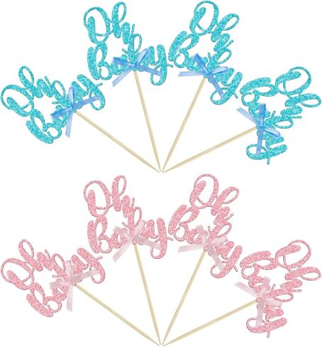 Gyufise 36Pcs Oh Baby Cupcake Toppers Pink Blue Bow Glitter Baby Shower Gender Reveal Cupcake Picks for Boy or Girl Theme Baby Shower Kids Birthday Party Cake Decorations Supplies in Kuwait