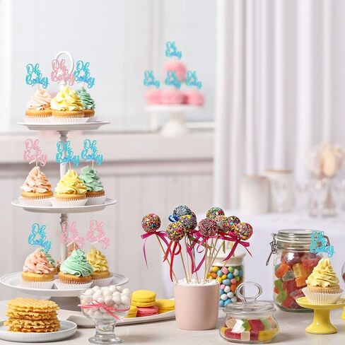 Gyufise 36Pcs Oh Baby Cupcake Toppers Pink Blue Bow Glitter Baby Shower Gender Reveal Cupcake Picks for Boy or Girl Theme Baby Shower Kids Birthday Party Cake Decorations Supplies in Kuwait