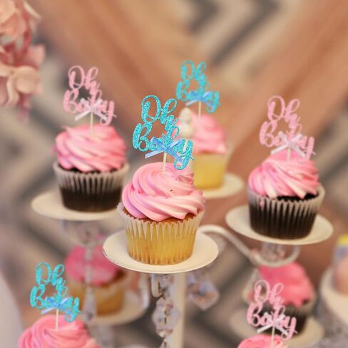 Gyufise 36Pcs Oh Baby Cupcake Toppers Pink Blue Bow Glitter Baby Shower Gender Reveal Cupcake Picks for Boy or Girl Theme Baby Shower Kids Birthday Party Cake Decorations Supplies in Kuwait
