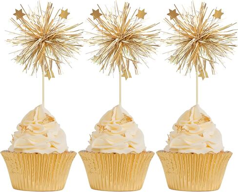 Gyufise 30Pcs Foil Firework Cupcake Toppers Happy Birthday Cake Toppers Sparkle Tinsel Flower Drink Stirrers Cocktail Food Fruit Toothpicks for Valentine's Day Party Supplies Gold in Saudi Arabia