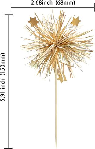 Gyufise 30Pcs Foil Firework Cupcake Toppers Happy Birthday Cake Toppers Sparkle Tinsel Flower Drink Stirrers Cocktail Food Fruit Toothpicks for Valentine's Day Party Supplies Gold in Saudi Arabia