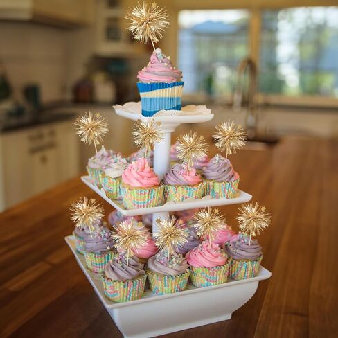 Gyufise 30Pcs Foil Firework Cupcake Toppers Happy Birthday Cake Toppers Sparkle Tinsel Flower Drink Stirrers Cocktail Food Fruit Toothpicks for Valentine's Day Party Supplies Gold in Saudi Arabia