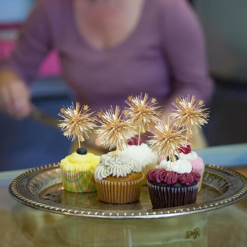 Gyufise 30Pcs Foil Firework Cupcake Toppers Happy Birthday Cake Toppers Sparkle Tinsel Flower Drink Stirrers Cocktail Food Fruit Toothpicks for Valentine's Day Party Supplies Gold in Saudi Arabia