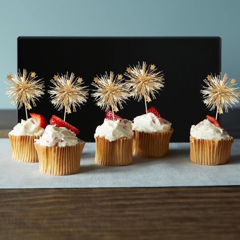Gyufise 30Pcs Foil Firework Cupcake Toppers Happy Birthday Cake Toppers Sparkle Tinsel Flower Drink Stirrers Cocktail Food Fruit Toothpicks for Valentine's Day Party Supplies Gold in Saudi Arabia