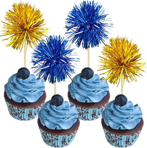 Gyufise 30Pcs Foil Firework Cupcake Toppers Happy Birthday Cake Toppers Sparkle Tinsel Flower Drink Stirrers Cocktail Food Fruit Toothpicks for Valentine's Day Party Supplies Gold in Saudi Arabia