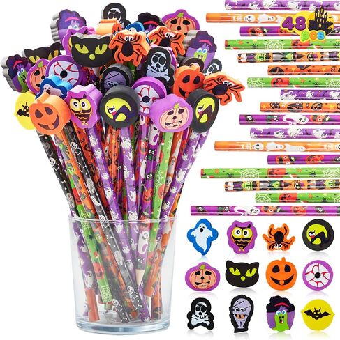 JOYIN 48PCS Halloween Pencils with Erasers Stationery Set, 48 Colorful Pencils Assortment for Kids in 6 Designs, 48 Giant Erasers in 12 Style, Halloween Party Favor Supplies, Classroom Prizes Gifts in Saudi Arabia