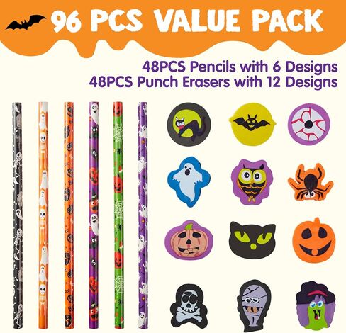 JOYIN 48PCS Halloween Pencils with Erasers Stationery Set, 48 Colorful Pencils Assortment for Kids in 6 Designs, 48 Giant Erasers in 12 Style, Halloween Party Favor Supplies, Classroom Prizes Gifts in Saudi Arabia