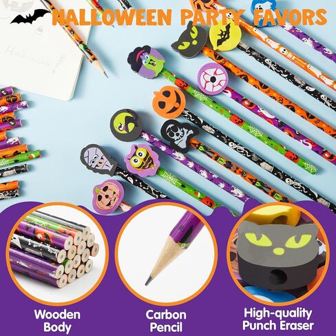 JOYIN 48PCS Halloween Pencils with Erasers Stationery Set, 48 Colorful Pencils Assortment for Kids in 6 Designs, 48 Giant Erasers in 12 Style, Halloween Party Favor Supplies, Classroom Prizes Gifts in Saudi Arabia