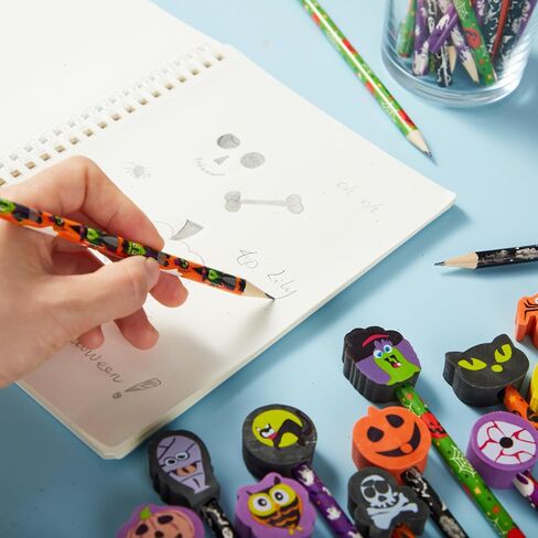 JOYIN 48PCS Halloween Pencils with Erasers Stationery Set, 48 Colorful Pencils Assortment for Kids in 6 Designs, 48 Giant Erasers in 12 Style, Halloween Party Favor Supplies, Classroom Prizes Gifts in Saudi Arabia