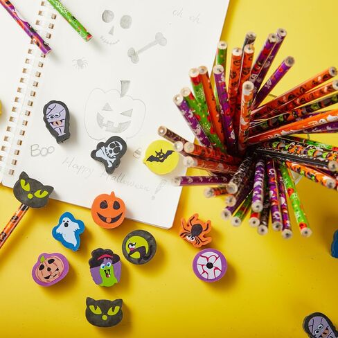 JOYIN 48PCS Halloween Pencils with Erasers Stationery Set, 48 Colorful Pencils Assortment for Kids in 6 Designs, 48 Giant Erasers in 12 Style, Halloween Party Favor Supplies, Classroom Prizes Gifts in Saudi Arabia