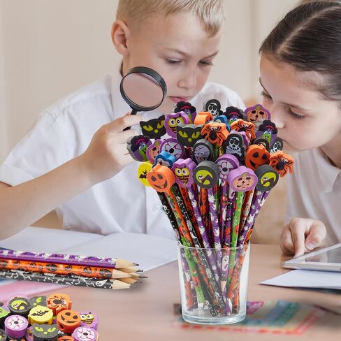 JOYIN 48PCS Halloween Pencils with Erasers Stationery Set, 48 Colorful Pencils Assortment for Kids in 6 Designs, 48 Giant Erasers in 12 Style, Halloween Party Favor Supplies, Classroom Prizes Gifts in Saudi Arabia