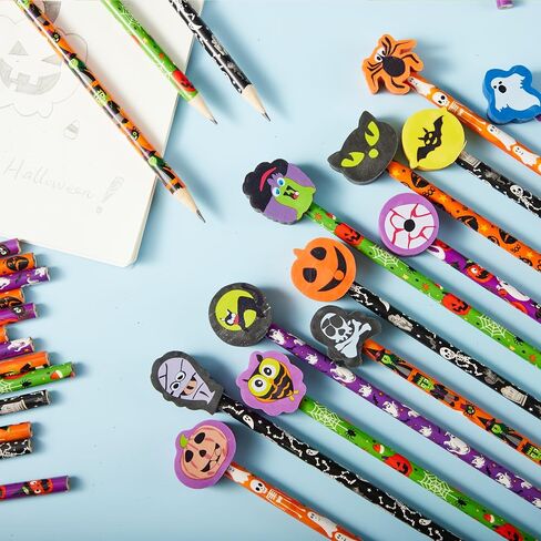 JOYIN 48PCS Halloween Pencils with Erasers Stationery Set, 48 Colorful Pencils Assortment for Kids in 6 Designs, 48 Giant Erasers in 12 Style, Halloween Party Favor Supplies, Classroom Prizes Gifts in Saudi Arabia