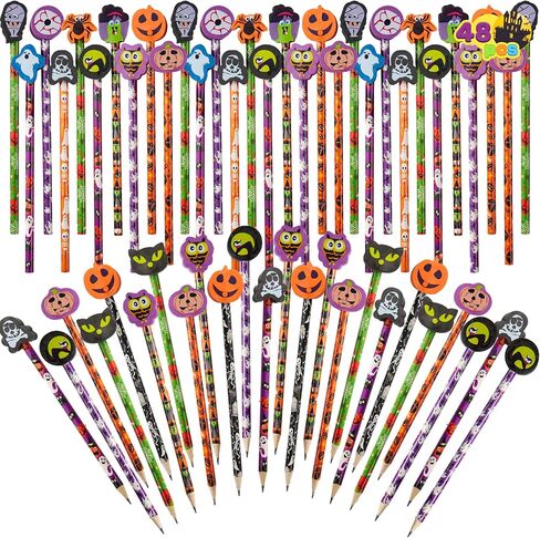 JOYIN 48PCS Halloween Pencils with Erasers Stationery Set, 48 Colorful Pencils Assortment for Kids in 6 Designs, 48 Giant Erasers in 12 Style, Halloween Party Favor Supplies, Classroom Prizes Gifts in Saudi Arabia