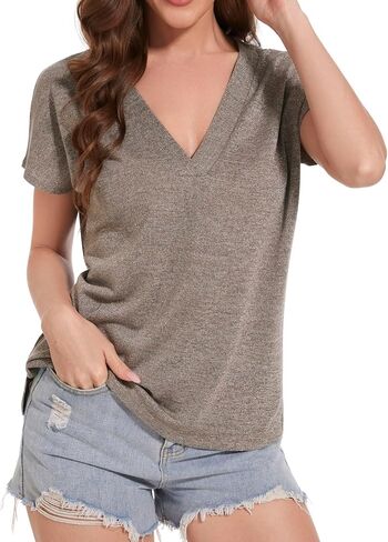 Shimmer Metallic Shirt for Women, V Neck Dressy Casual Loose Fit Shiny Tops, Cap Sleeve Side Slit Novelty Tees in Saudi Arabia