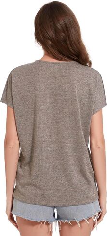 Shimmer Metallic Shirt for Women, V Neck Dressy Casual Loose Fit Shiny Tops, Cap Sleeve Side Slit Novelty Tees in Saudi Arabia