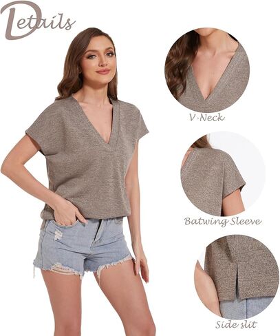 Shimmer Metallic Shirt for Women, V Neck Dressy Casual Loose Fit Shiny Tops, Cap Sleeve Side Slit Novelty Tees in Saudi Arabia