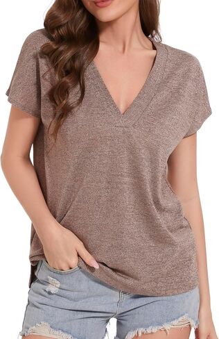 Shimmer Metallic Shirt for Women, V Neck Dressy Casual Loose Fit Shiny Tops, Cap Sleeve Side Slit Novelty Tees in Saudi Arabia