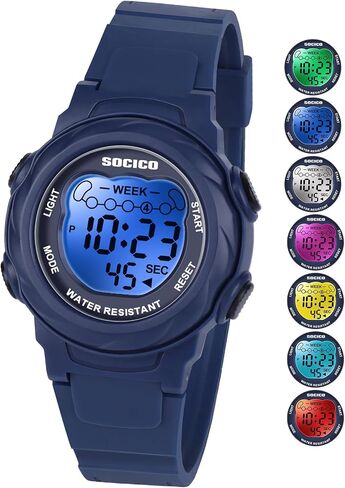 SOCICO Kids Digital Watches for Girls Boys, Waterproof 5ATM, 7 Color Lights Waterproof Watches for Kids with Alarm Stopwatch, Soft Band Wrist Watch for Girls and Boys Ages 5-12. in Saudi Arabia