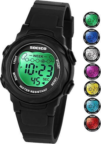 SOCICO Kids Digital Watches for Girls Boys, Waterproof 5ATM, 7 Color Lights Waterproof Watches for Kids with Alarm Stopwatch, Soft Band Wrist Watch for Girls and Boys Ages 5-12. in Saudi Arabia