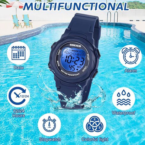 SOCICO Kids Digital Watches for Girls Boys, Waterproof 5ATM, 7 Color Lights Waterproof Watches for Kids with Alarm Stopwatch, Soft Band Wrist Watch for Girls and Boys Ages 5-12. in Saudi Arabia