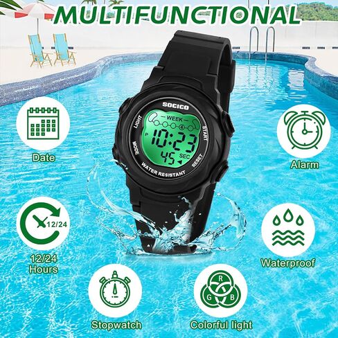 SOCICO Kids Digital Watches for Girls Boys, Waterproof 5ATM, 7 Color Lights Waterproof Watches for Kids with Alarm Stopwatch, Soft Band Wrist Watch for Girls and Boys Ages 5-12. in Saudi Arabia