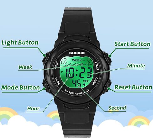 SOCICO Kids Digital Watches for Girls Boys, Waterproof 5ATM, 7 Color Lights Waterproof Watches for Kids with Alarm Stopwatch, Soft Band Wrist Watch for Girls and Boys Ages 5-12. in Saudi Arabia