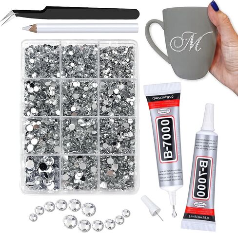 مجموعة صمغ أحجار الراين من Queenme Bling للحرف اليدوية: مجموعة أحجار كريمة شفافة B7000 لمجوهرات أحذية الملابس - ألماس مسطح للأكواب - أحجار كريمة من الراتنج للأظافر (أبيض فضي) in Saudi Arabia