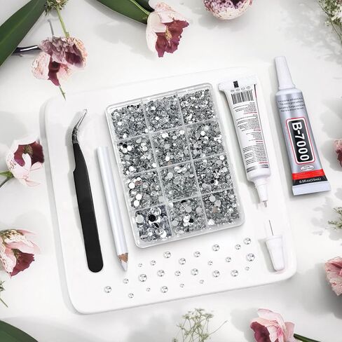مجموعة صمغ أحجار الراين من Queenme Bling للحرف اليدوية: مجموعة أحجار كريمة شفافة B7000 لمجوهرات أحذية الملابس - ألماس مسطح للأكواب - أحجار كريمة من الراتنج للأظافر (أبيض فضي) in Saudi Arabia