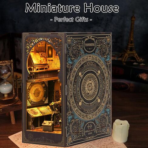 DIY Book Nook Kits for Adults, 3D Wooden Puzzle Bookends Miniature House Kits with LED Light, DIY Dollhouse Bookend Tiny House for Teens Adults - Observatory in Saudi Arabia