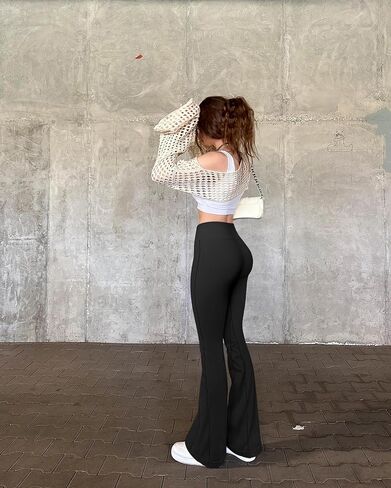 OQQ Women's Flared Pants High Waisted Yoga Leggings Stretchy Bell Buttom Wide Leg in Saudi Arabia