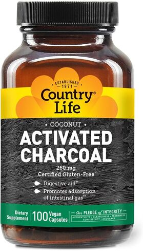 Country Life الفحم المنشط، مساعد الهضم، 260 مجم، 40 كبسولة نباتية، معتمد خالي من الغلوتين، نباتي معتمد، معتمد من أنه لا يحتوي على كائنات معدلة وراثيًا in Kuwait
