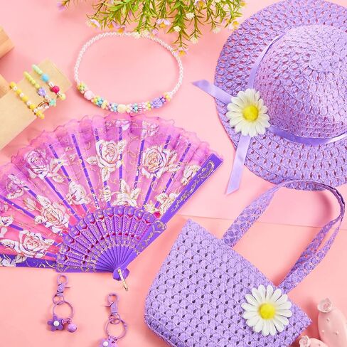 مجموعة اللعب من Bonuci 54 قطعة من فساتين حفلات الشاي للفتيات تتضمن قبعة حفلات الشاي وقفازات وحقيبة وقلائد وسلاسل مفاتيح ومراوح للفتيات الصغيرات وأعياد الميلاد ومستلزمات حفلات الشاي in Kuwait