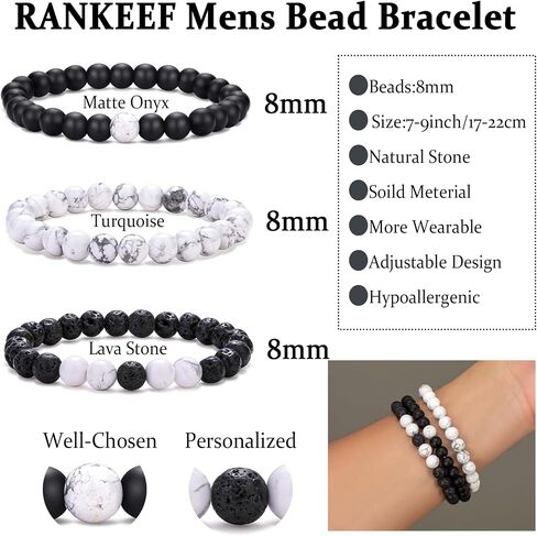 RANKEEF Mens Bead Bracelet Adjustable Elastic Rope Mens Bracelet Set 6&8MM Natural Stone Beads Multi-Colored Beads Bracelets Tiger Eye Bracelets Mens Gift in Saudi Arabia
