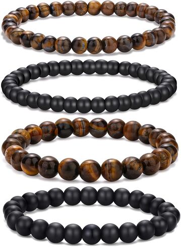 RANKEEF Mens Bead Bracelet Adjustable Elastic Rope Mens Bracelet Set 6&8MM Natural Stone Beads Multi-Colored Beads Bracelets Tiger Eye Bracelets Mens Gift in Saudi Arabia