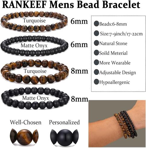 RANKEEF Mens Bead Bracelet Adjustable Elastic Rope Mens Bracelet Set 6&8MM Natural Stone Beads Multi-Colored Beads Bracelets Tiger Eye Bracelets Mens Gift in Saudi Arabia
