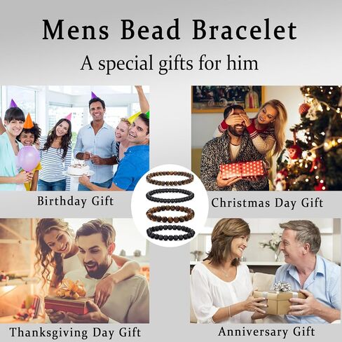 RANKEEF Mens Bead Bracelet Adjustable Elastic Rope Mens Bracelet Set 6&8MM Natural Stone Beads Multi-Colored Beads Bracelets Tiger Eye Bracelets Mens Gift in Saudi Arabia