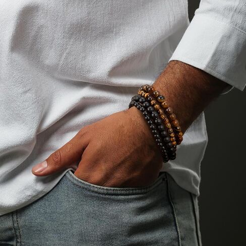 RANKEEF Mens Bead Bracelet Adjustable Elastic Rope Mens Bracelet Set 6&8MM Natural Stone Beads Multi-Colored Beads Bracelets Tiger Eye Bracelets Mens Gift in Saudi Arabia