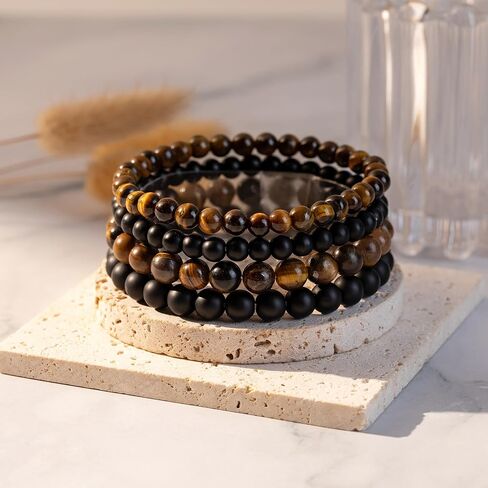 RANKEEF Mens Bead Bracelet Adjustable Elastic Rope Mens Bracelet Set 6&8MM Natural Stone Beads Multi-Colored Beads Bracelets Tiger Eye Bracelets Mens Gift in Saudi Arabia