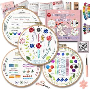 Moni Crafts - 4 Sets Starter Embroidery Kit for Beginners Adults and Kids - Beginner Embroidery Kit with Simple Stamped Patterns - Learn to Embroider 33 Stitches with Needlepoint Hand Embroidery