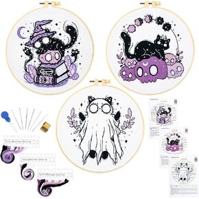 Crafmanoe Halloween Embroidery Kit for Beginners Adults, Skull Cat Stamped Cross Stitch Kit for Adult Beginner, Gothic Ghost Hand Embroidery Needlepoint Kits, 3 Set Embroidery Hoops and Video Tutorial