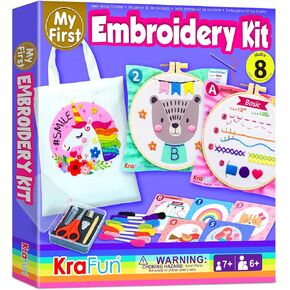 KRAFUN My First Embroidery Kit for Beginners Kids and Teenagers Simple Embroidery Patterns, Hand Embroidery Kit Includes Hoop, Cloth, Instructions for Stitches, Beginner Embroidery Kit for Adults