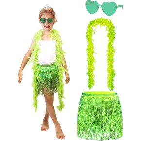 Girls Sequin Skirt Kids Fringe Skirt Belly Dance Rave Disco Skirt with Sunglasses Feather Boa