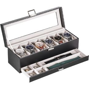 Lolalet Watch Case for Men, 6 Slot Watch Display Case with Clear Glass Lid, 2-Layer Mens Watch Box Watch Holder, 6 Watch Box Organizer, Watch Storage Case With Drawer -Espresso
