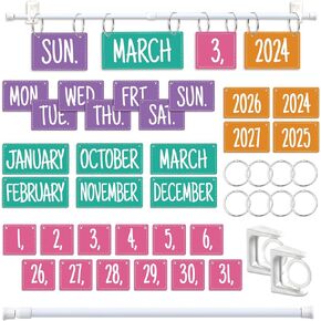 Flip Calendar for Classroom, Multi-Color Classroom Calendar Bulletin Board Set with 54 Date Cards and Adjustable Calendar Rod O-Rings for Colorful Classroom Home Decor