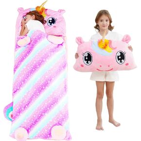 Kid Sleeping Bag with Pillow - Larger Toddler Nap Mat - Plush Slumber Bag for Boys Girls Daycare Preschool Kindergarten Birthday Gift Travel Sleepover Ages 3-12 Years