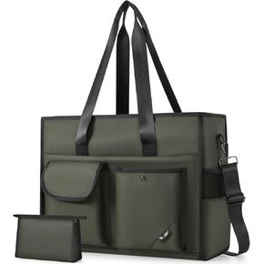 Tote Bag, Work Bags for Women with 15 Pockets, Large Tote Bag with Zipper for Teacher Nurse, Laptop Handbags for Women, Carry on Bag, Dark Green