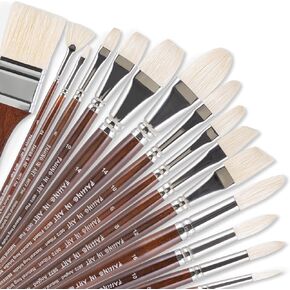 Falling in Art Natural Bristle Professional Paintbrush Set, 15PCS Long Handled Paint Brushes for Acrylic Painting, Oil Paint Brushes of Fan, Round, Flat, Angled, and, Filbert with Bamboo Storage Pouch