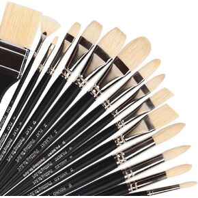 Falling in Art Natural Bristle Professional Paintbrush Set, 15PCS Long Handled Paint Brushes for Acrylic Painting, Oil Paint Brushes of Fan, Round, Flat, Angled, and, Filbert with Bamboo Storage Pouch